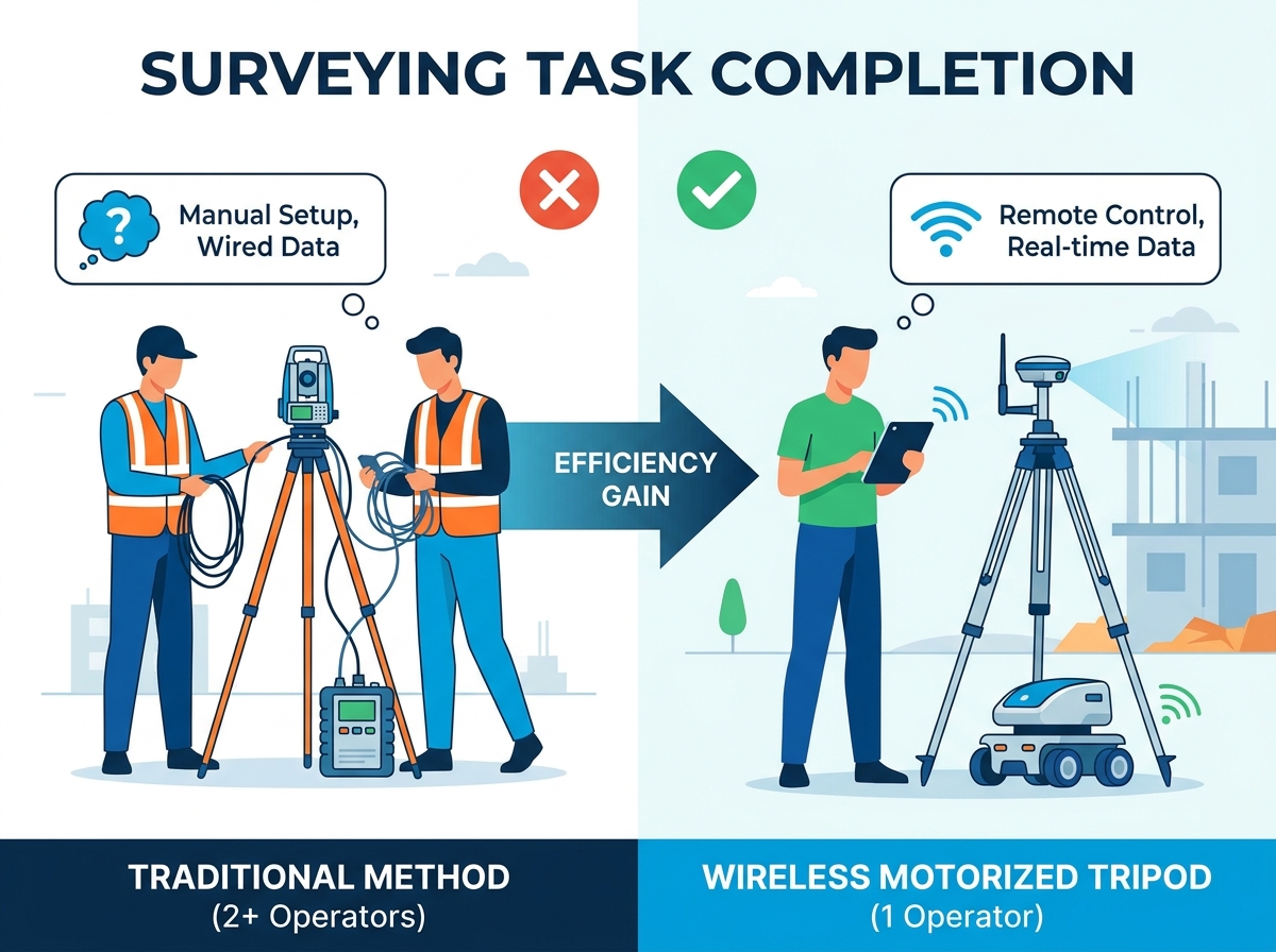 Tr&iacute;pode motorizado inal&aacute;mbrico en topograf&iacute;a de campo